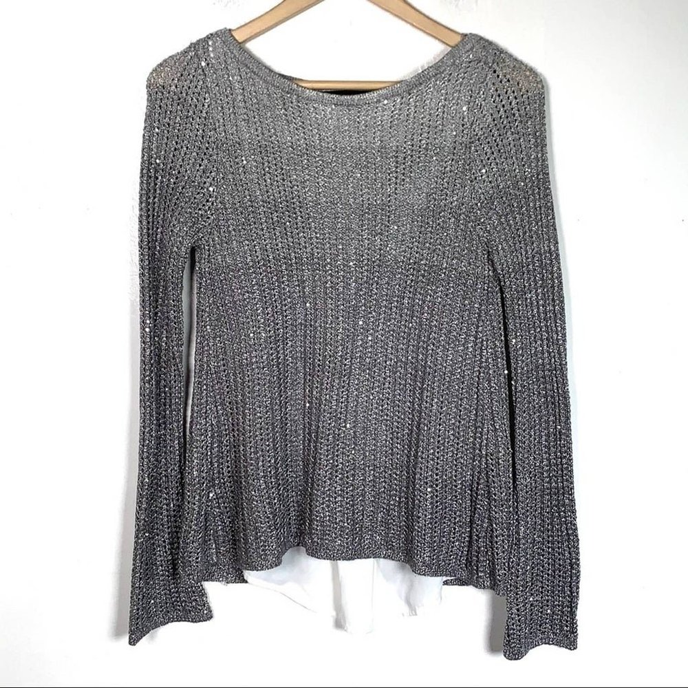 White House metallic gray cable knit crew sweater w faux undershirt size small S